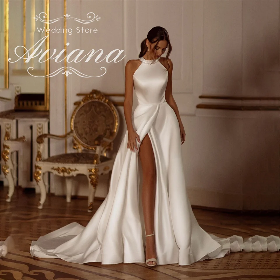 Aviana přizpůsobené temperamentní elegantní perlové svatební šaty bez rukávů pro ženy s vysokým rozparkem na zádech, mašlemi a áčkovým vzorem, jednoduché skvrnité svatební šaty