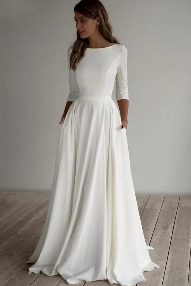 Svatební šaty s dlouhým rukávem, áčkovým střihem, svatební šaty s kapsami, elegantní bílé šaty pro větší děti