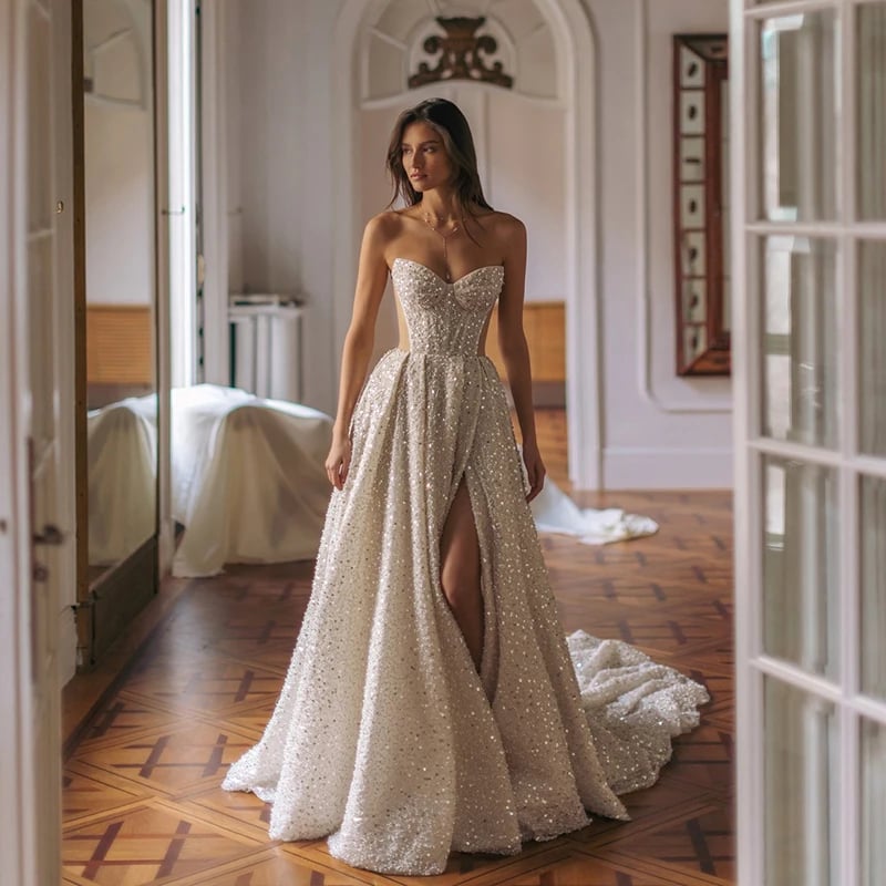 A-Line Třpytivé princeznovské svatební šaty s motivem srdce, lesklé tylové svatební plesové šaty na míru