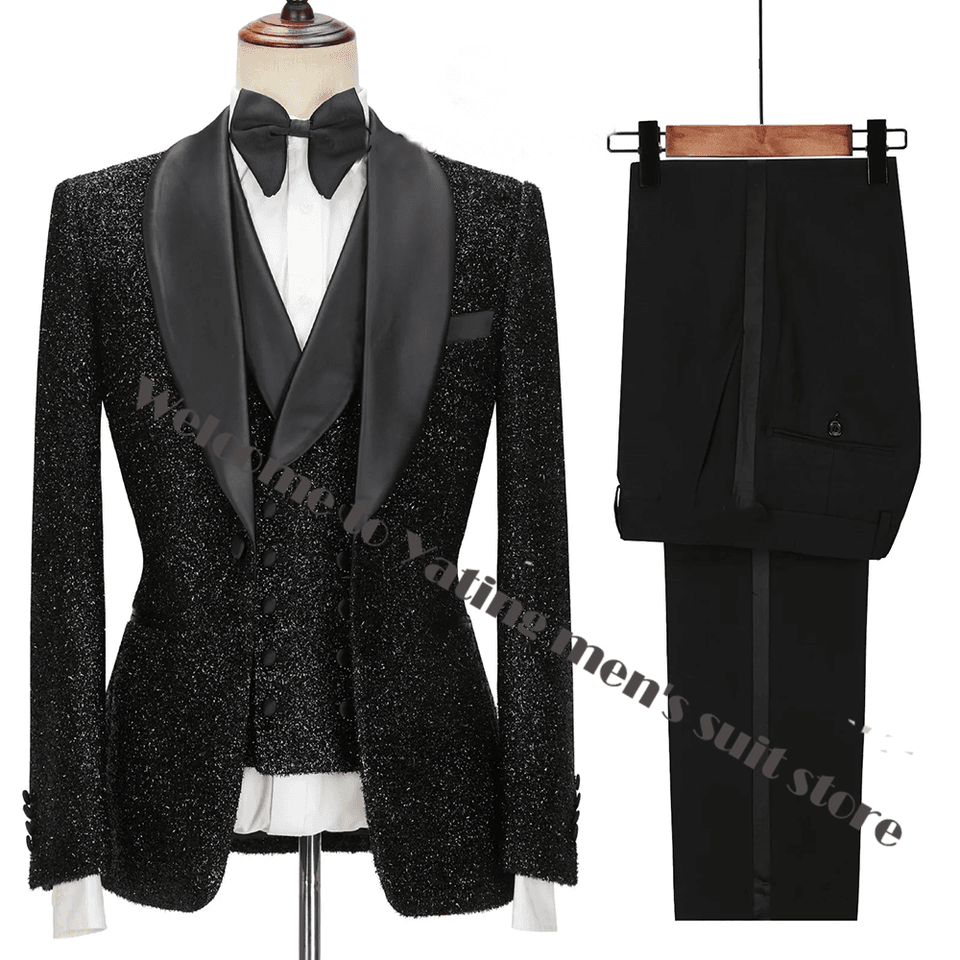Černý slim fit 3dílný pánský svatební smoking - Formální ples, večírek, oblečení pro ženicha