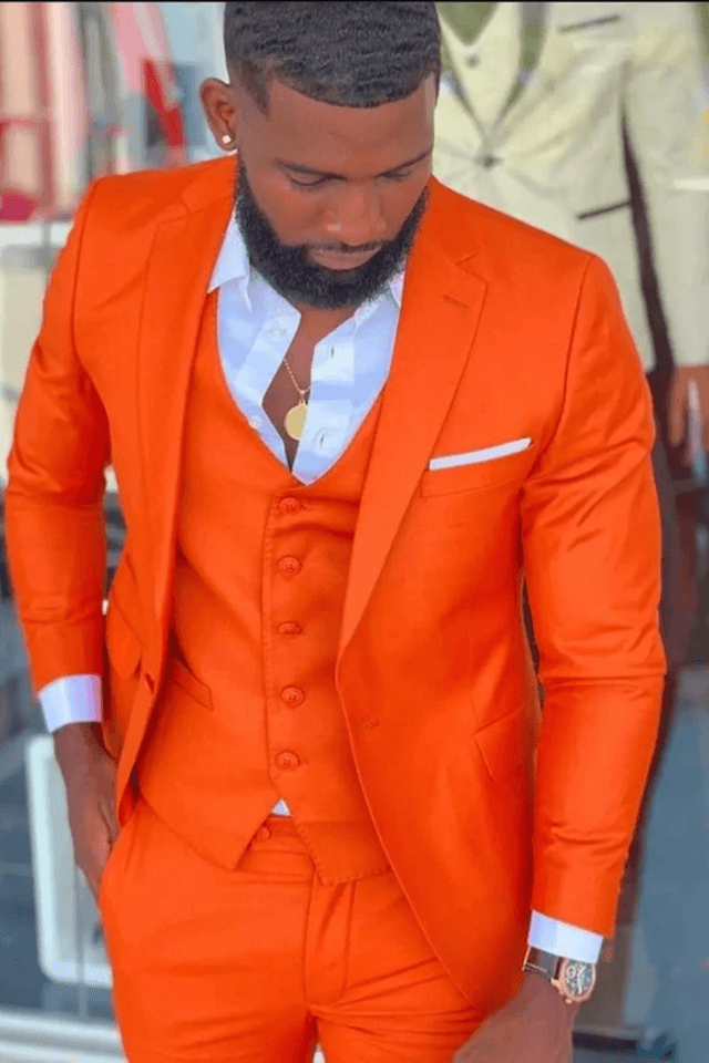 Pánský oranžový 3dílný oblek, slim fit, svatební, smoking, ženich, ples, formální, sako