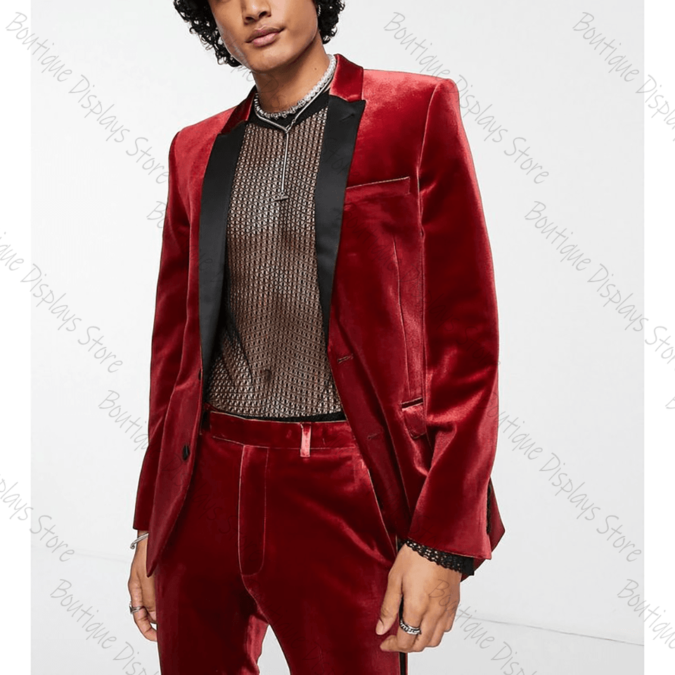 Pánský červený semišový oblek slim fit s jednořadým zapínáním - 2dílná souprava - formální sako a kalhoty