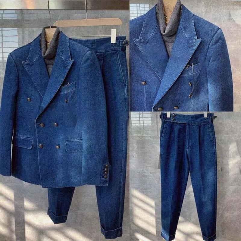 Pánský dvouřadý džínový oblek, dvoudílný slim fit sako, kalhoty, sada s klopou, formální oblečení