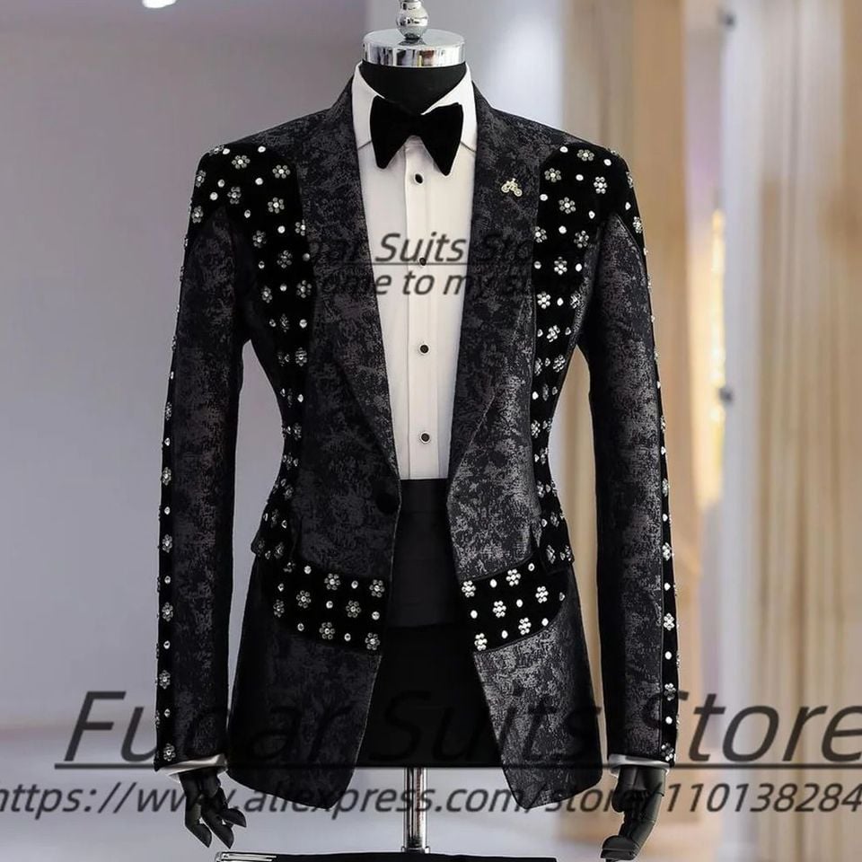 Pánský sametový květinový plesový blazer, slim střih, klopa, svatební smoking, 2dílná sada