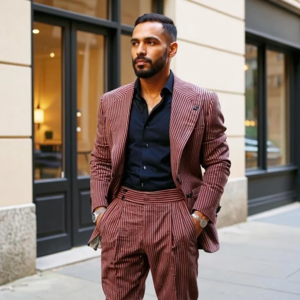 Pánský slim fit pruhovaný oblek - 2dílný svatební smoking pro firemní večírek, ples, formální oblečení