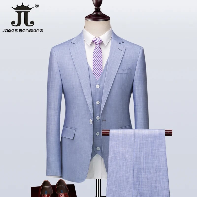 Pánský 3dílný slim střih, svatební oblek - formální firemní šaty, sada, sako, vesta, kalhoty, modrý