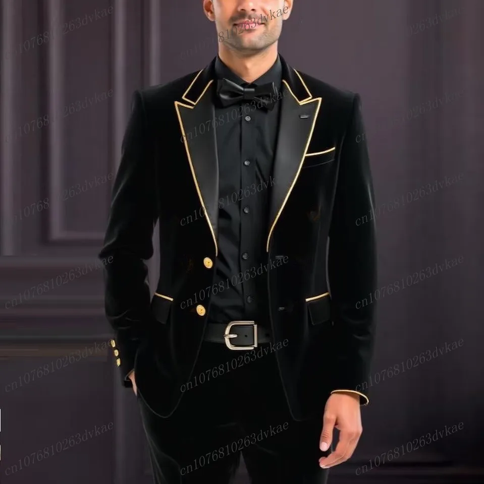 Černý sametový pánský dvoudílný smokingový oblek - svatební, ženich, formální, obchodní, sako, kalhoty