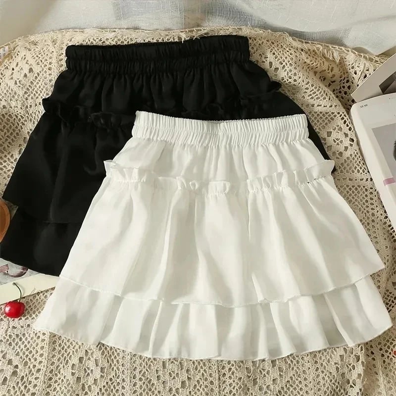 Kawaii bílá volánová šifonová minisukně s vysokým pasem, módní letní elastický střih, úzký střih