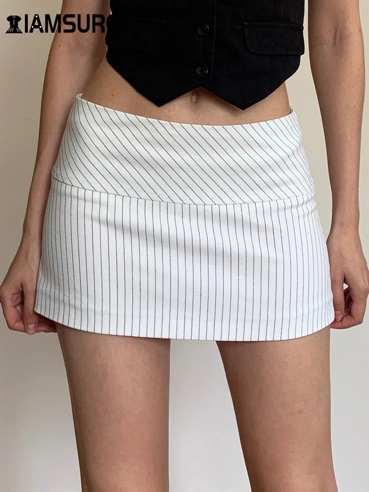 Dámská pruhovaná minisukně - Vysoký pas, ležérní kancelářské oblečení, slim fit, rovná ceruzková sukně