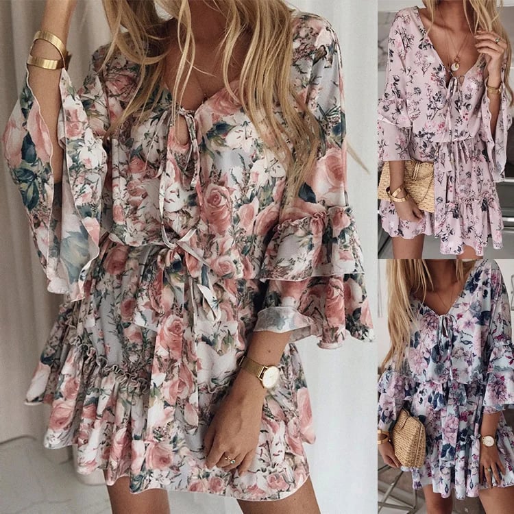 Dámské květinové šifonové mini šaty - Výstřih do V, áčkový styl, léto, plážové, párty, ležérní, boho, s volánky