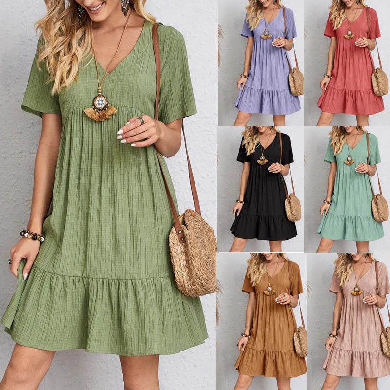 Dámské ležérní midi šaty áčkového strihu - volný střih s krátkým rukávem, letní elegantní vintage styl