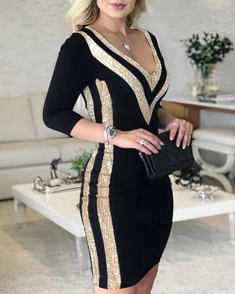 Dámské šaty s výstřihem do V - Sexy společenské večerní šaty, úzký střih, klubové oblečení