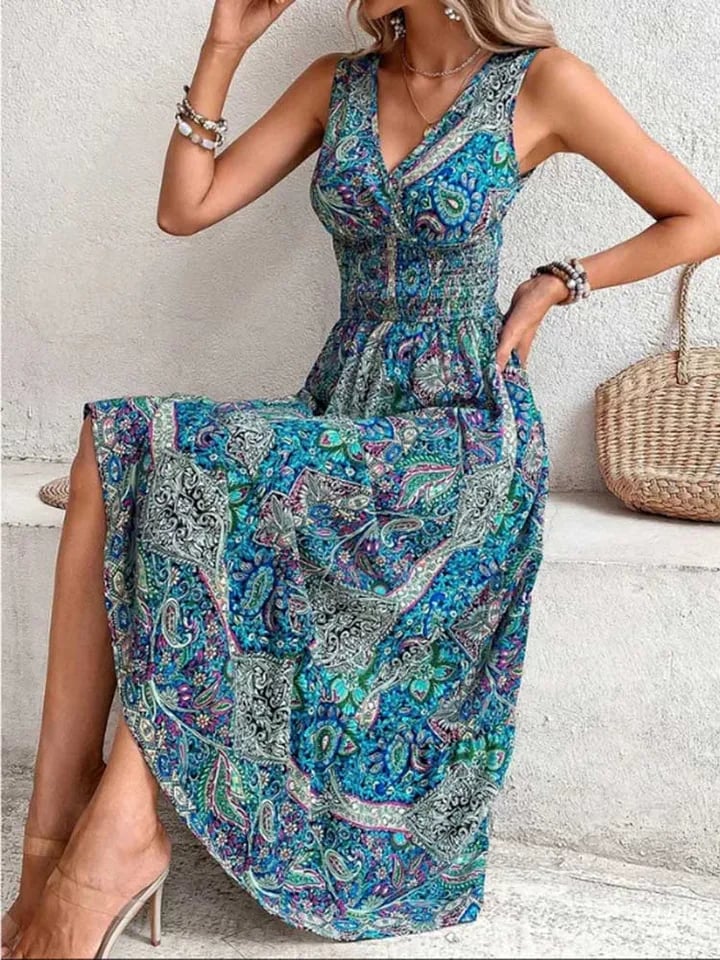 Dámské boho maxi šaty bez rukávů - letní květinové tílko s elastickým pasem