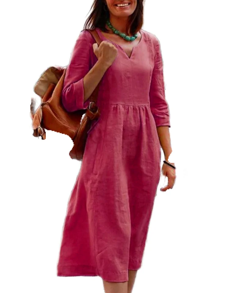 Dámské bavlněné lněné midi šaty s výstřihem do V a dlouhým rukávem, volný střih, jednobarevné, podzim/zima, ležérní