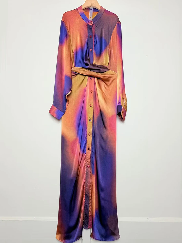 Dámské vintage geometrické košilové šaty - jarní stojáček, zapínání na knoflíky, twist waist midi šaty