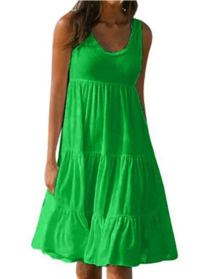 Dámské letní plážové šaty bez rukávů - ležérní elegantní výstřih do O, volný střih, jednobarevné letní šaty