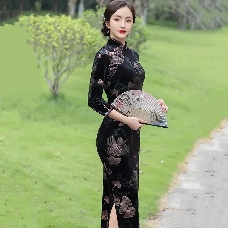 Dámské vintage dlouhé šaty Qipao Cheongsam, etnické, streetwear, módní oblečení