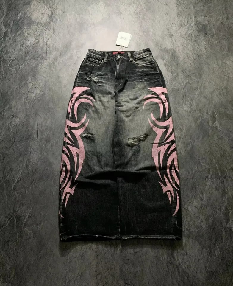Y2K Retro Široké Leg Džíny Dámské Volné Rovné Hip Hop Street Móda Totem Tisk Džínové Kalhoty