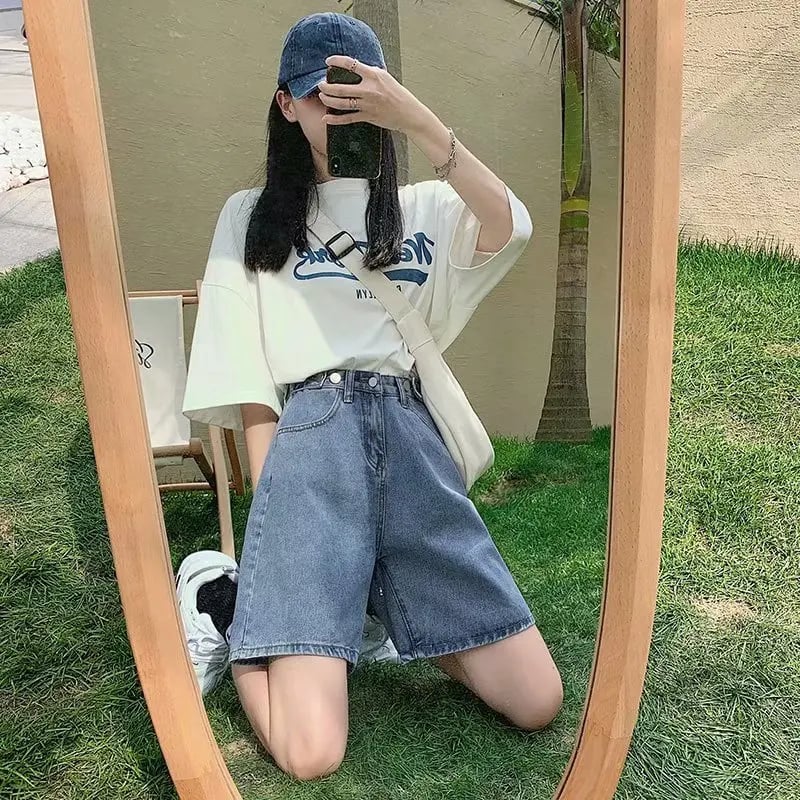 Dámské letní džínové kraťasy s vysokým pasem a volným střihem, krátké džíny, streetwear móda