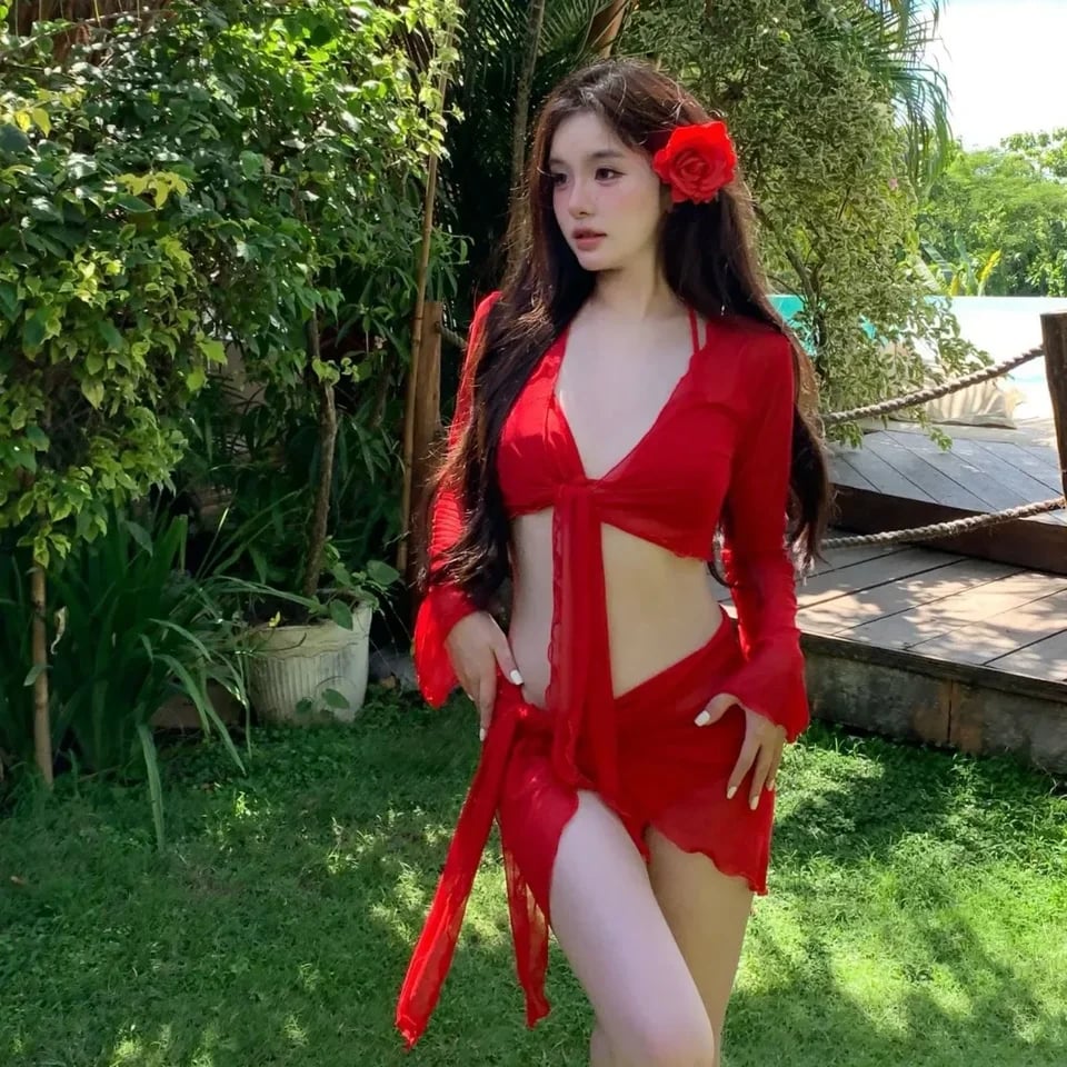 Červené 4dílné bikiny Set Dámské letní plážové plavky Sexy elegantní prázdninové plavky