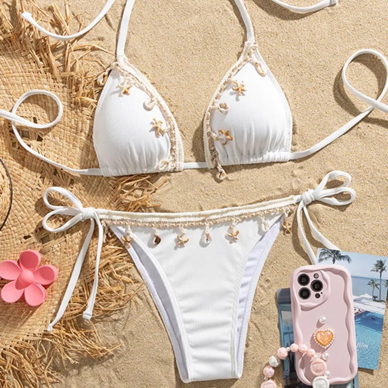 Bílé brazilské bikiny set pro ženy, dvoudílné plavky, plážové plavky k bazénu