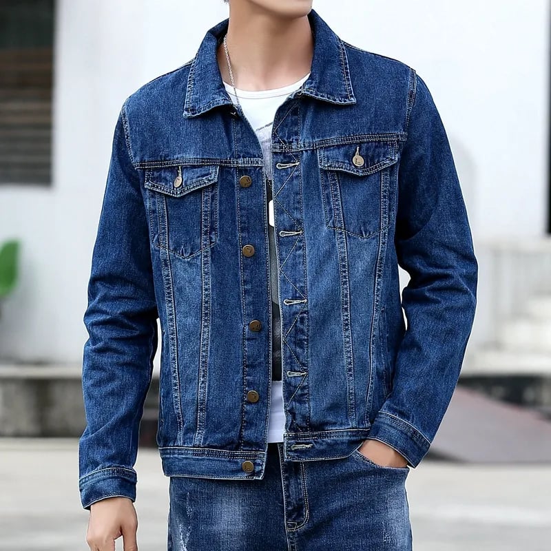 Pánská džínová bunda, ležérní streetwear, svrchní oblečení, jednořadé zapínání, modrý džínový kabát