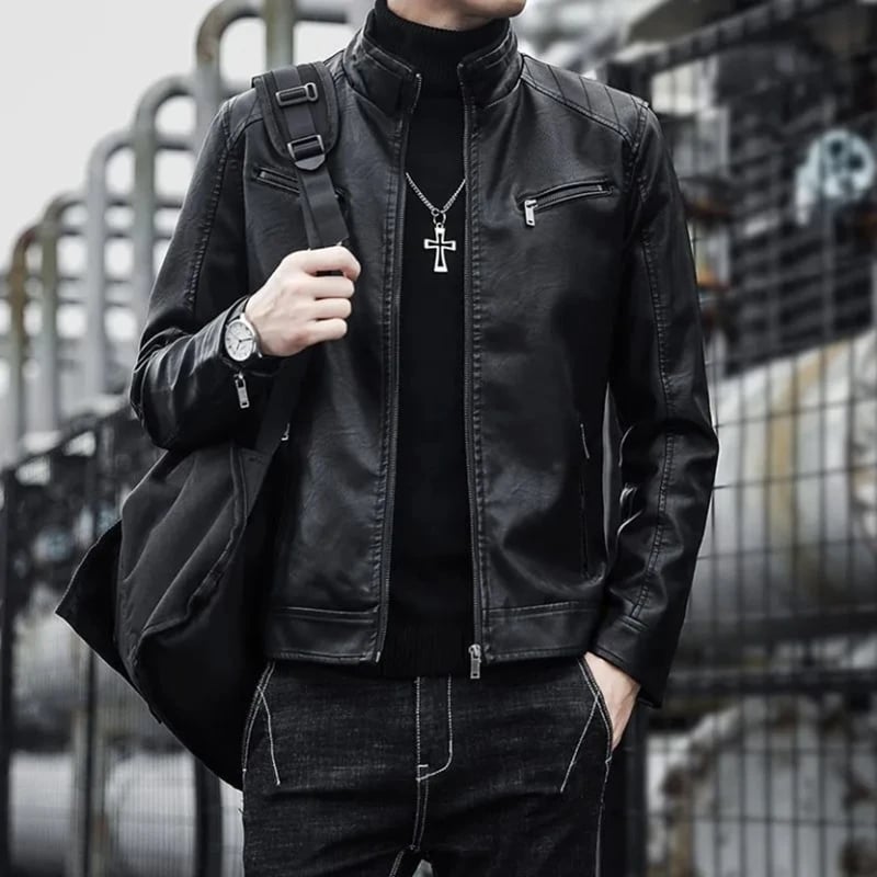 Pánská kožená bunda slim fit - ležérní sako, kabát, módní svrchní oblečení pro muže