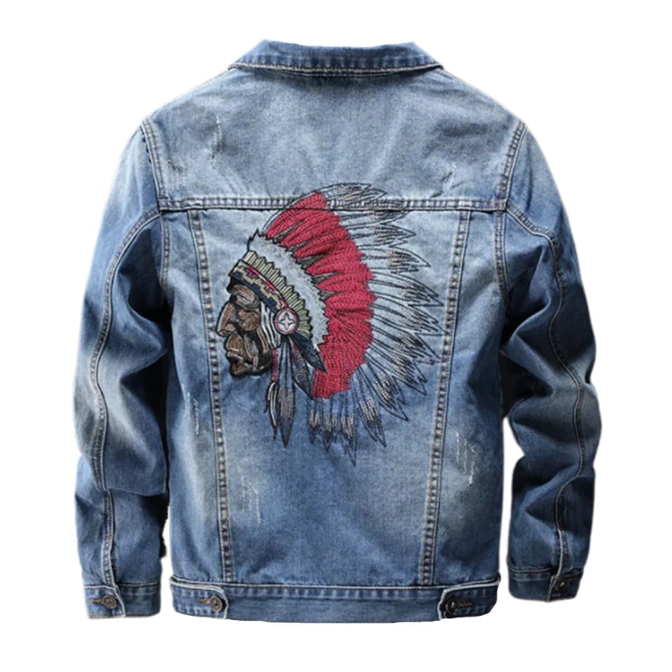 Pánská vyšívaná džínová bunda, roztrhaný slim fit, retro modrá, streetwear, ležérní motocyklový kabát