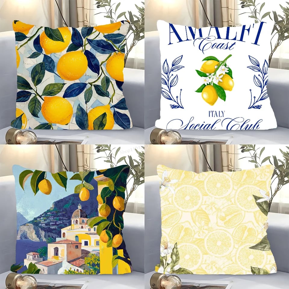 Povlak na polštář čtvercový s potiskem žlutého citronu 40x40cm, dekorativní povlak na polštář, pohovku, ložnici a auto