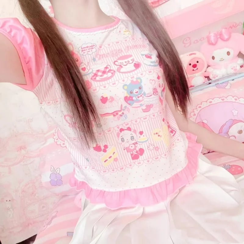 Roztomilé kawaii Y2K tričko s krátkým rukávem pro ženy, letní barevný tištěný top, ležérní mládežnické tričko