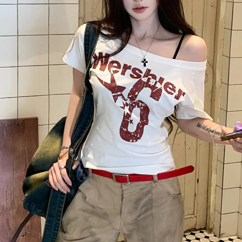 Dámské letní tričko s odhalenými rameny a potiskem písmen, slim fit, krátký rukáv, ležérní top