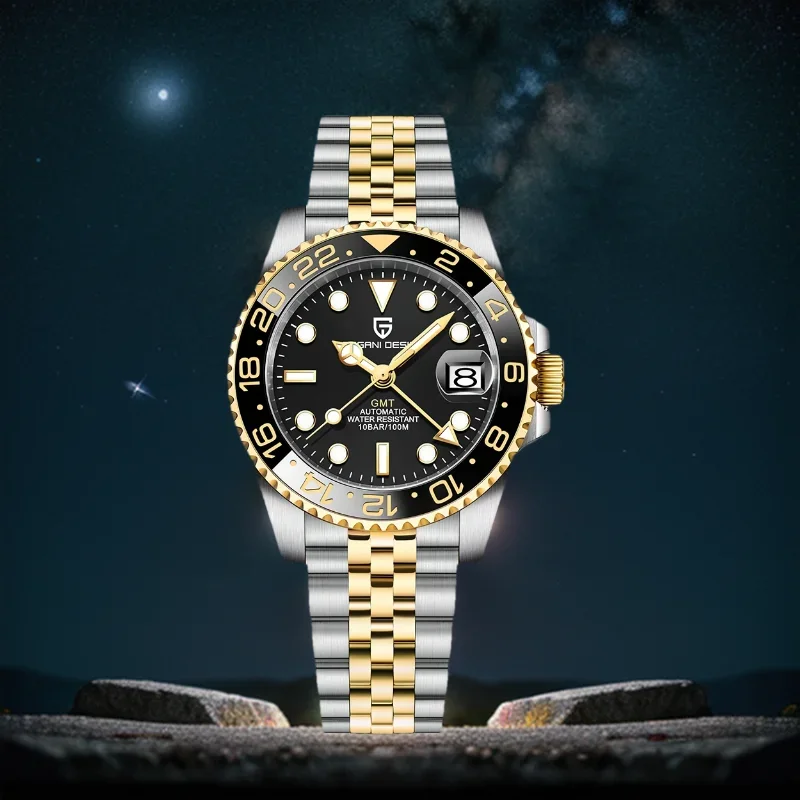 Pánské automatické mechanické hodinky GMT se safírovým sklem, vodotěsnost 100M, luxusní sportovní hodinky