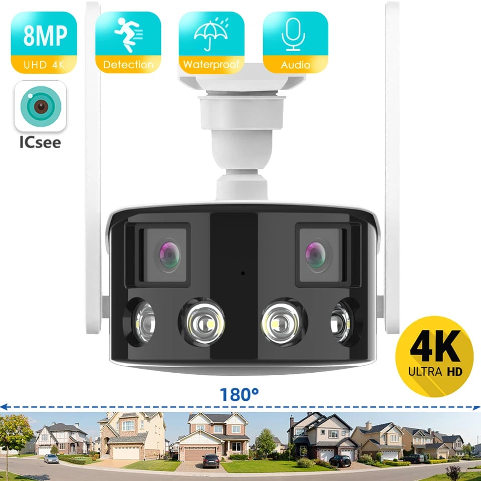 4K WiFi bezpečnostní kamera s dvojitým objektivem, 180° širokoúhlý záběr, AI detekce osob, vnitřní a venkovní dohled