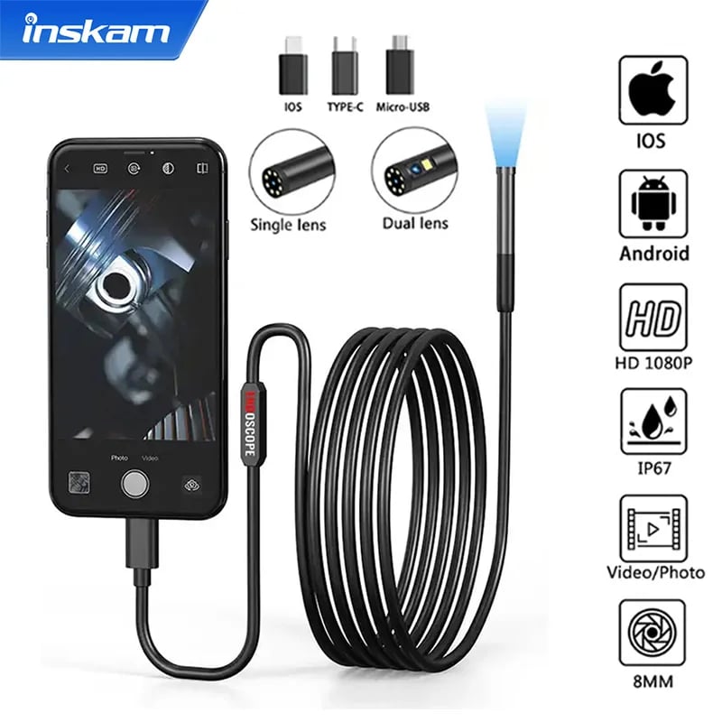 Voděodolná endoskopická inspekční kamera s USB-C a iPhonem, kompatibilní s potrubním boroskopem HD