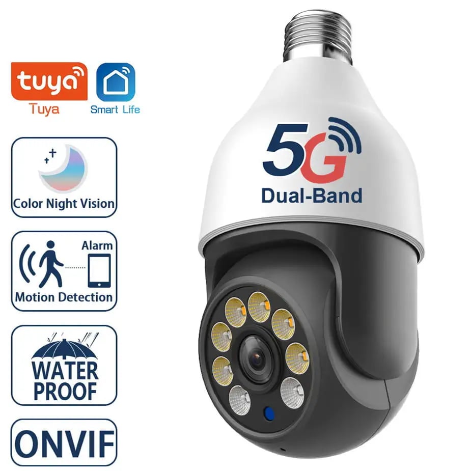 4MP WiFi žárovka pro bezpečnostní kameru - vodotěsná PTZ kamera s nočním viděním, patice E27