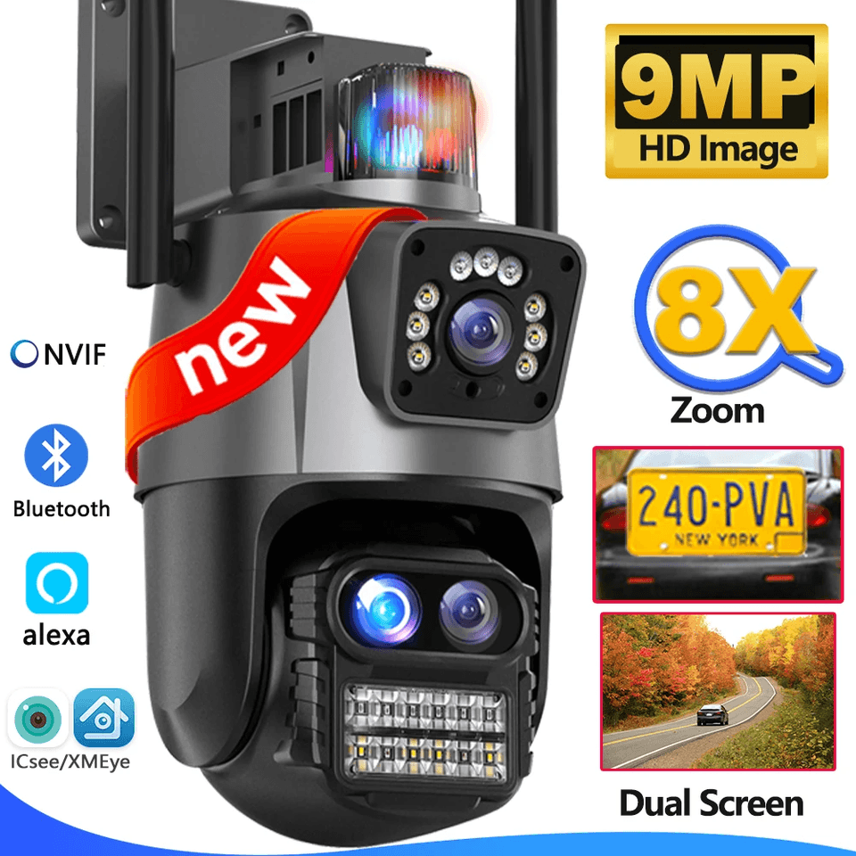 4K venkovní bezpečnostní kamera 9MP WiFi PTZ 8X zoom trojitý objektiv duální obrazovka CCTV dohled