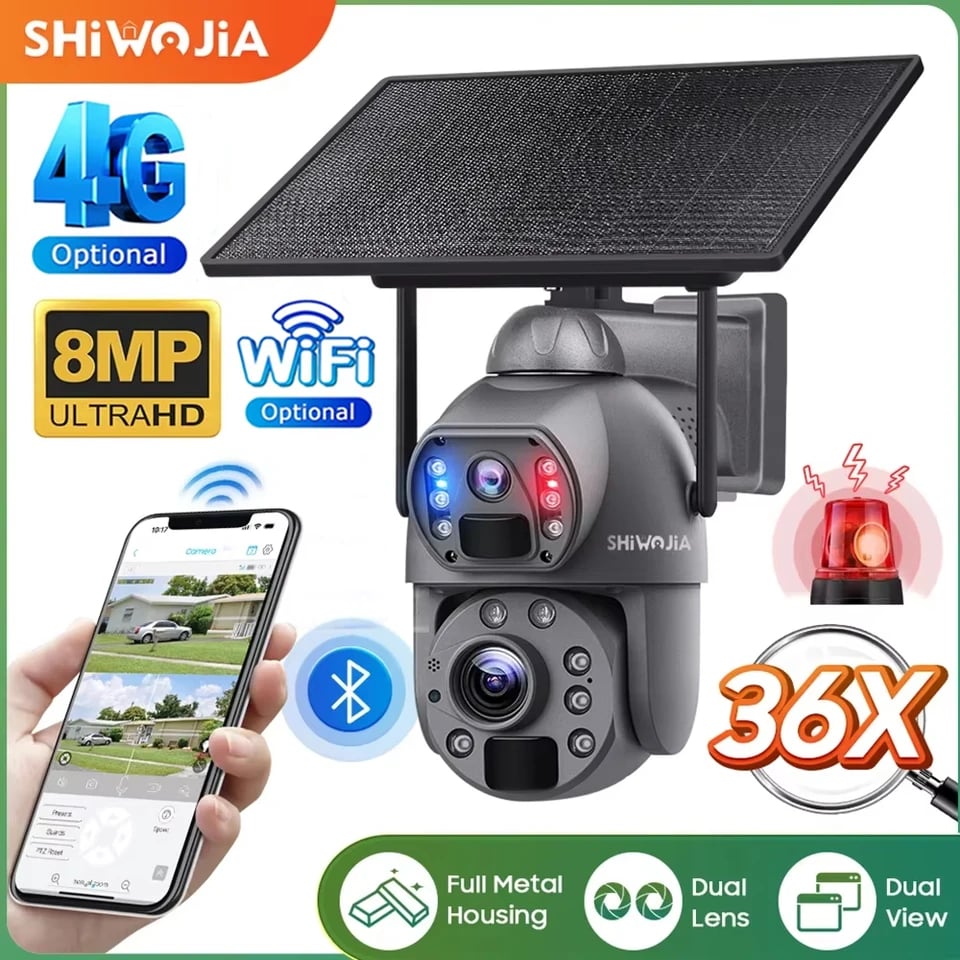 4G Solární Bezpečnostní Kamera 36X Zoom 8MP Venkovní Bezdrátová 360° Noční Vidění PIR Detekce Pohybu