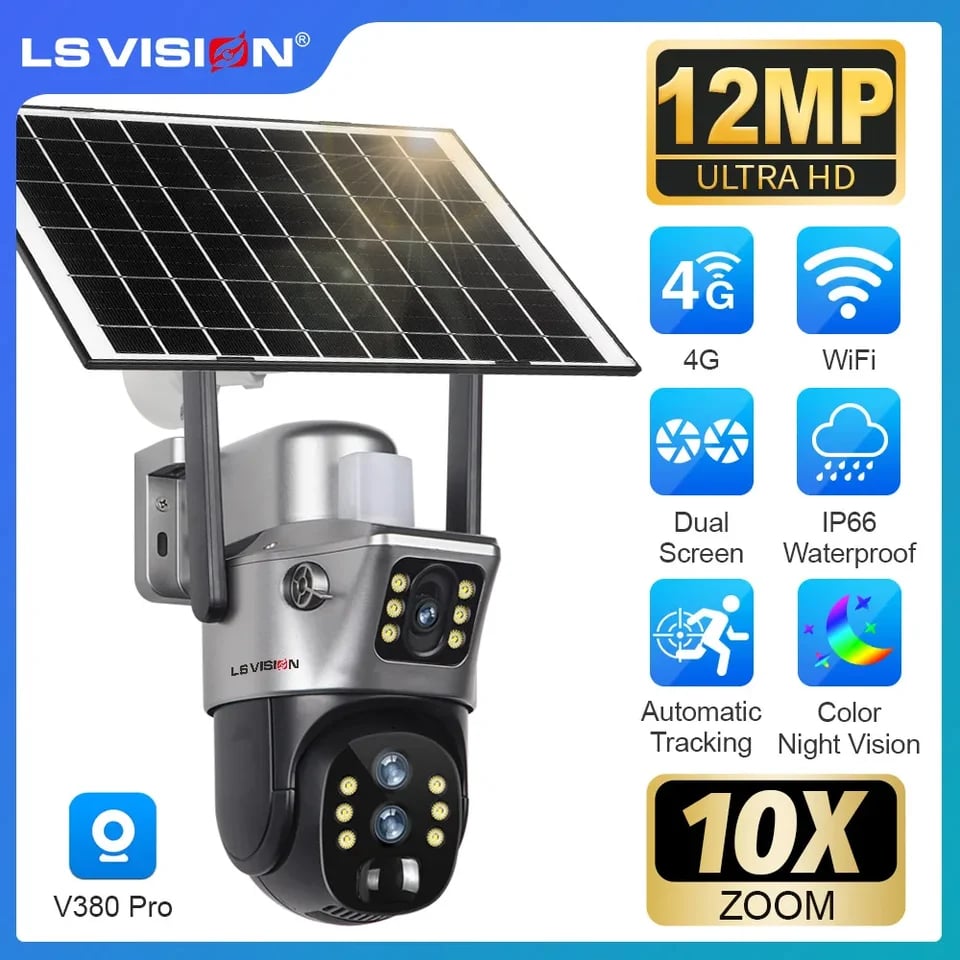 12MP solární bezpečnostní kamera 4G WiFi duální obrazovka 10x zoom 6K trojitý objektiv sledování osob venkovní