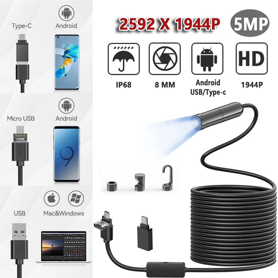 8MM 5MP inspekční kamera s automatickým ostřením, USB-C endoskop pro auta, Android, chytré telefony, 4K, průmyslová