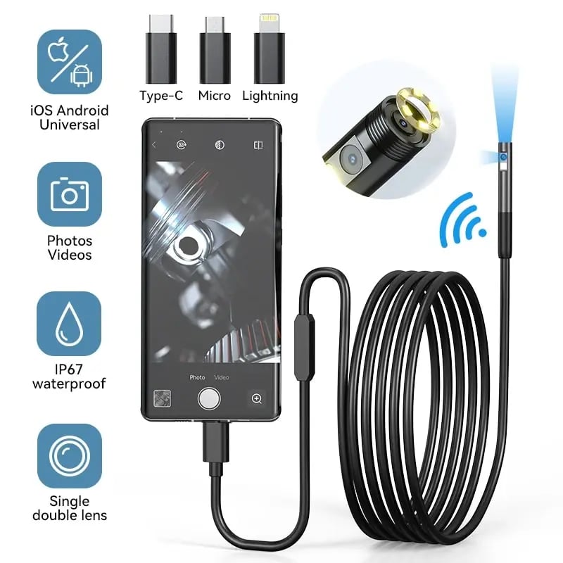 WiFi endoskopická kamera vodotěsná boroskopická inspekční kamera pro Android iPhone potrubí