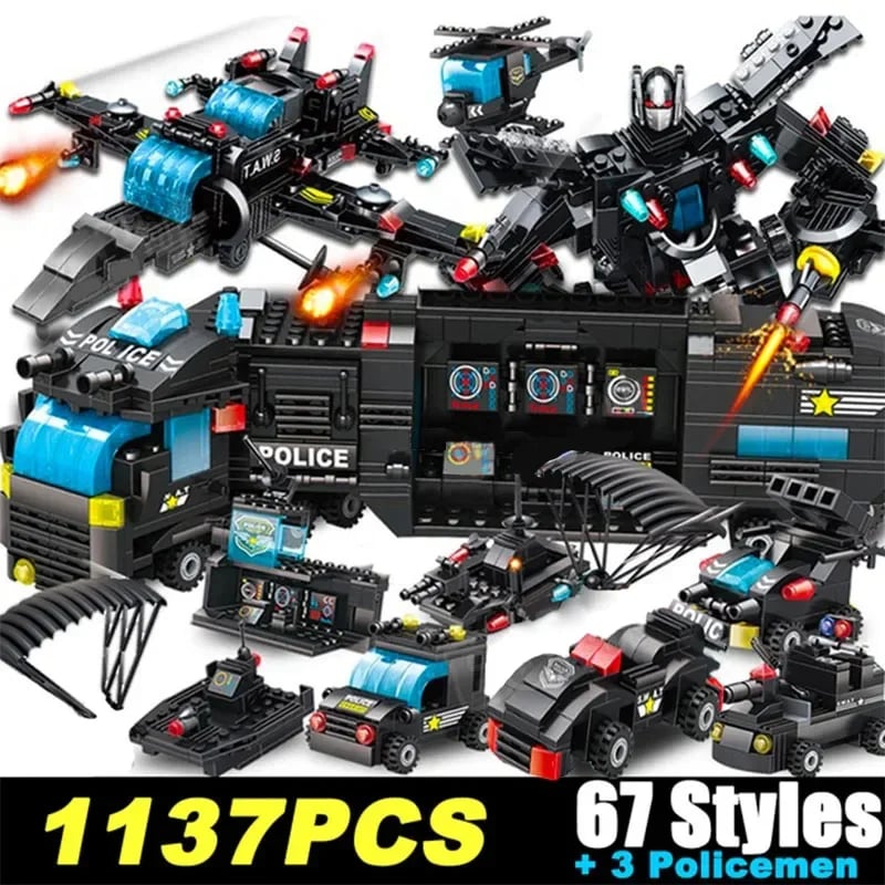 SWAT policejní stanice stavební bloky sada s autem robotem DIY stavebnice hračka pro děti chlapce dárek