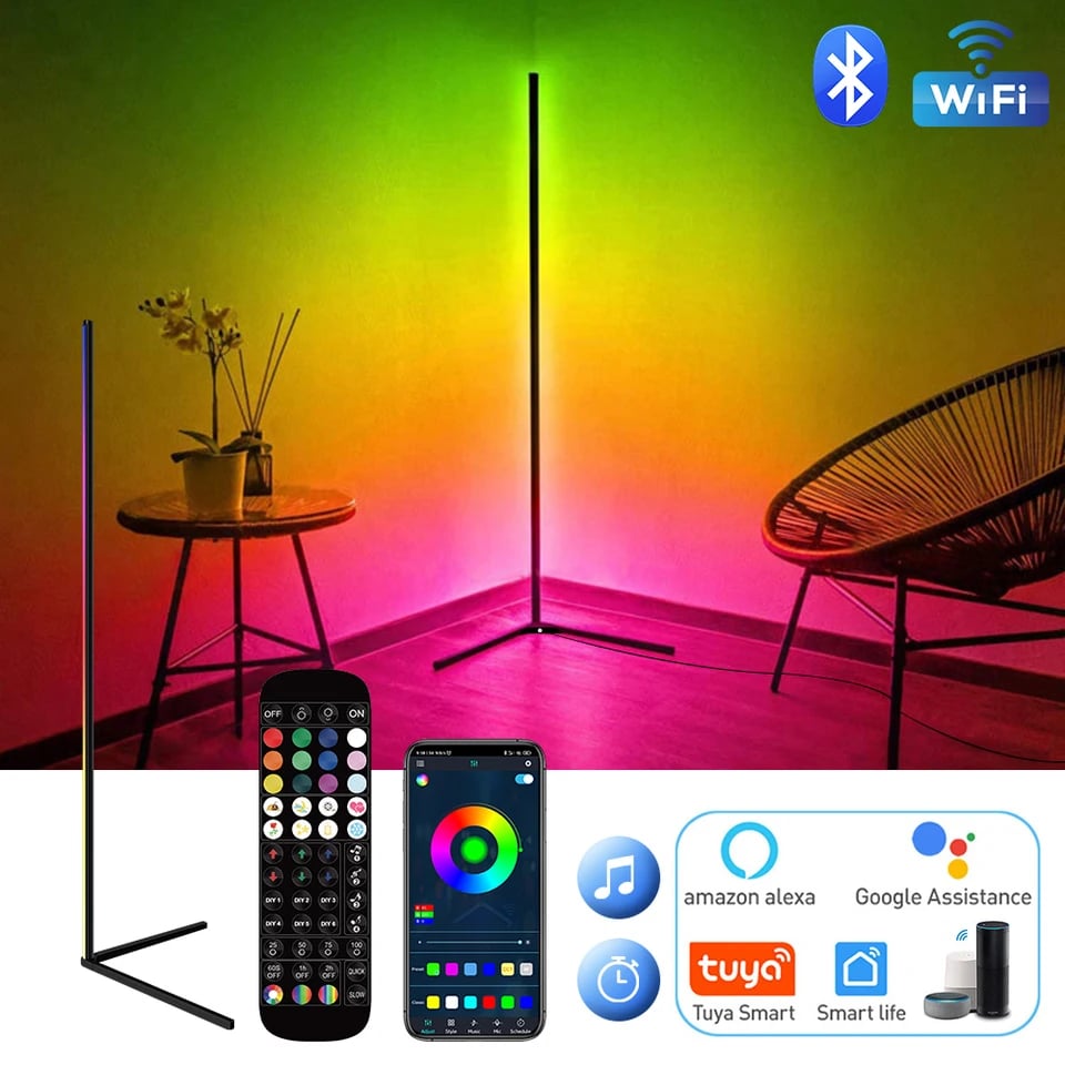 Stmívatelná RGB LED rohová stojací lampa 140 cm chytré ovládání pomocí aplikace náladové světlo domácí dekorace ložnice