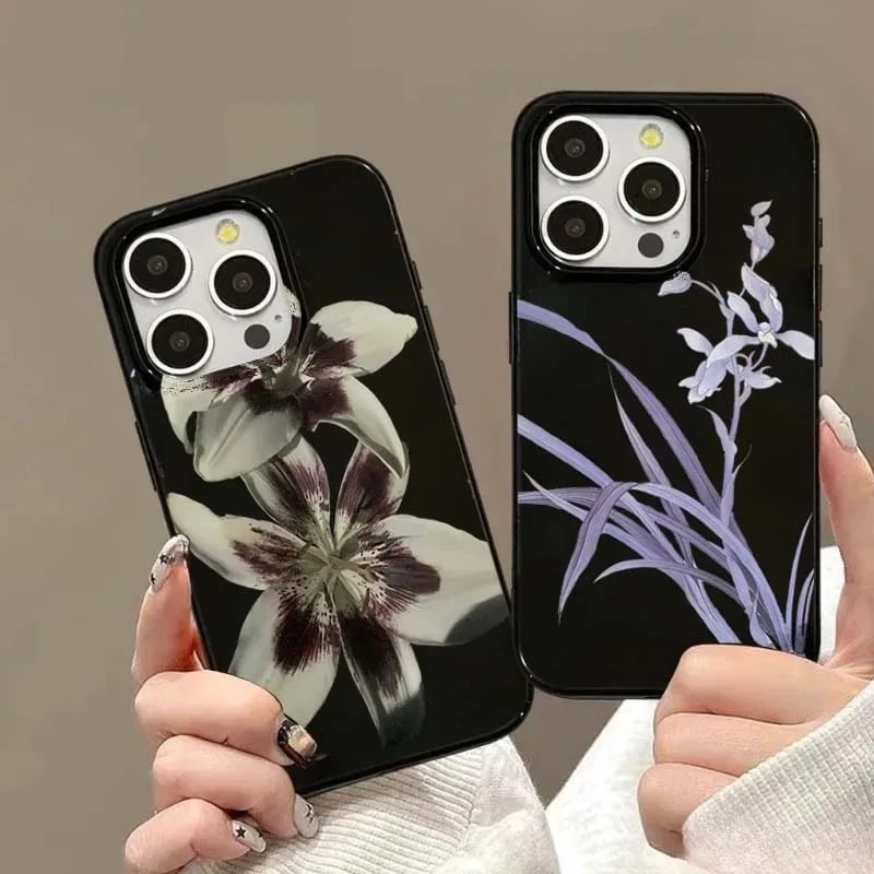 Měkký nárazuvzdorný kryt s motivem lilie a orchideje pro iPhone 16, 15, 14, 13, 12, 11, Pro Max, XS, XR