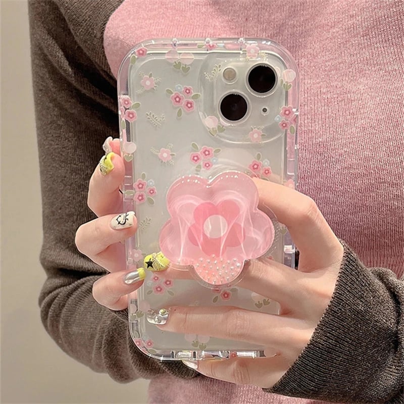 Pouzdro na telefon Quicksand Floral se stojánkem - průhledný měkký kryt pro modely iPhone s růžovým květinovým držákem