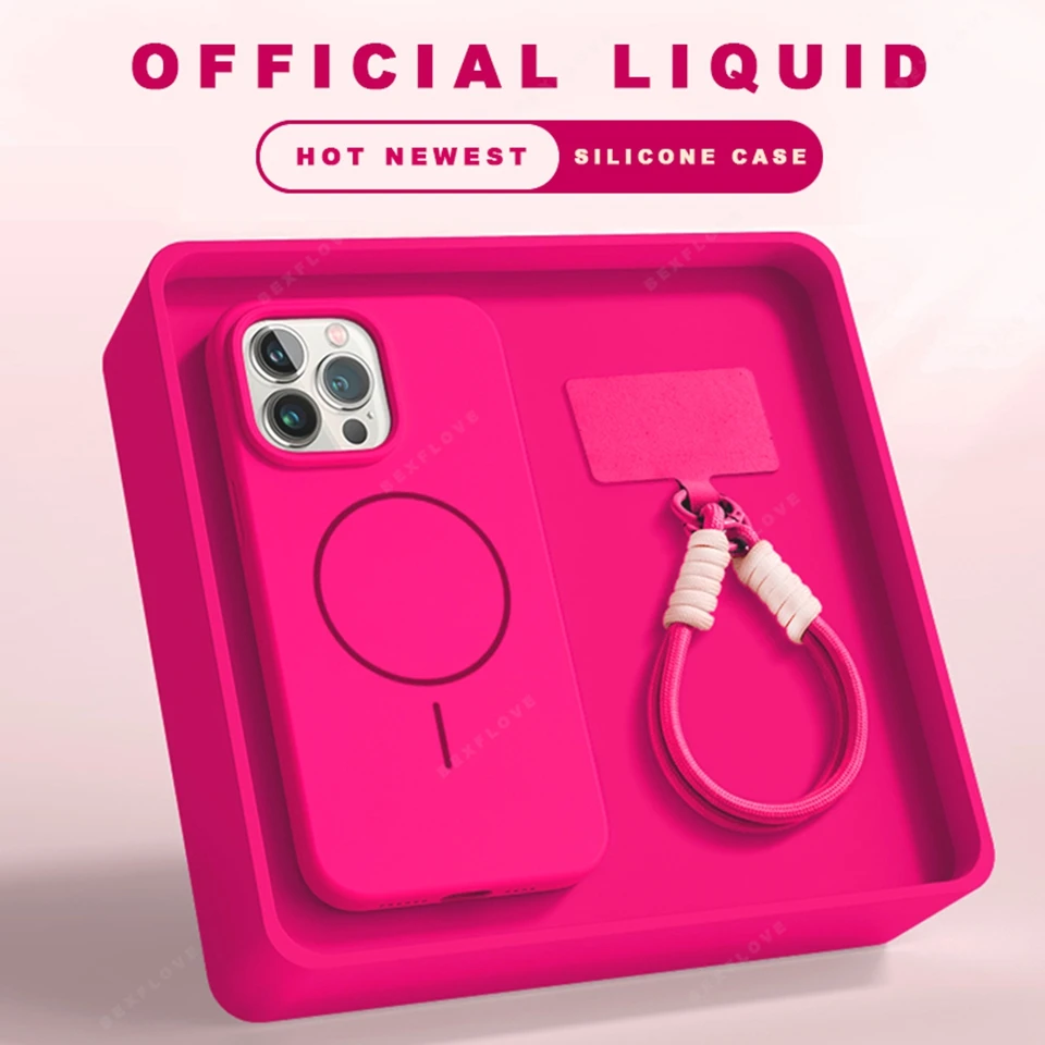 Magnetický kryt na telefon s poutkem na šňůrku - tekutý silikonový měkký kryt kompatibilní s MagSafe