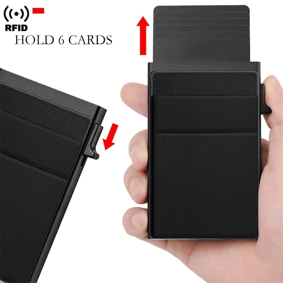 RFID blokování chytré peněženky kovové tenké minimalistické pouzdro na karty vyskakovací design muži ženy černá kabelka