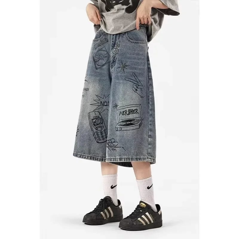 Pánské volné trhané džíny 7/8 délka letní vintage streetwear denim kalhoty