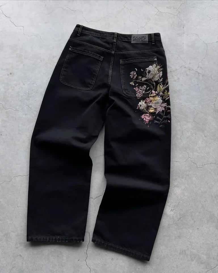 Dámské černé džíny s nízkým pasem wide leg vintage s výšivkou květin baggy streetwear