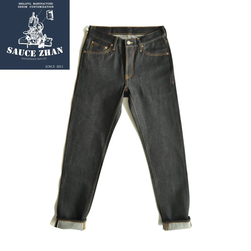 Pánské selvedge džíny taper střih 14.5 Oz surové modré denim kalhoty motorkářské