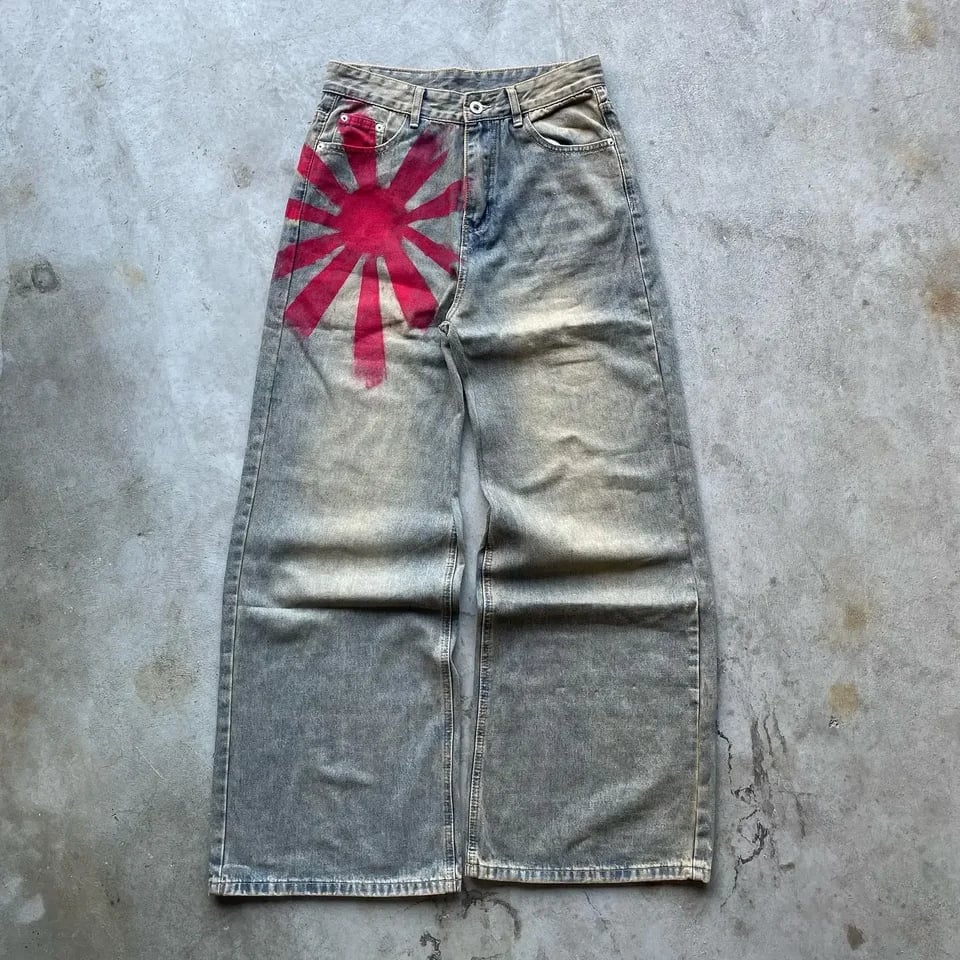Vintage baggy džíny šedé s červeným potiskem - unisex široké kalhoty streetwear gotický styl